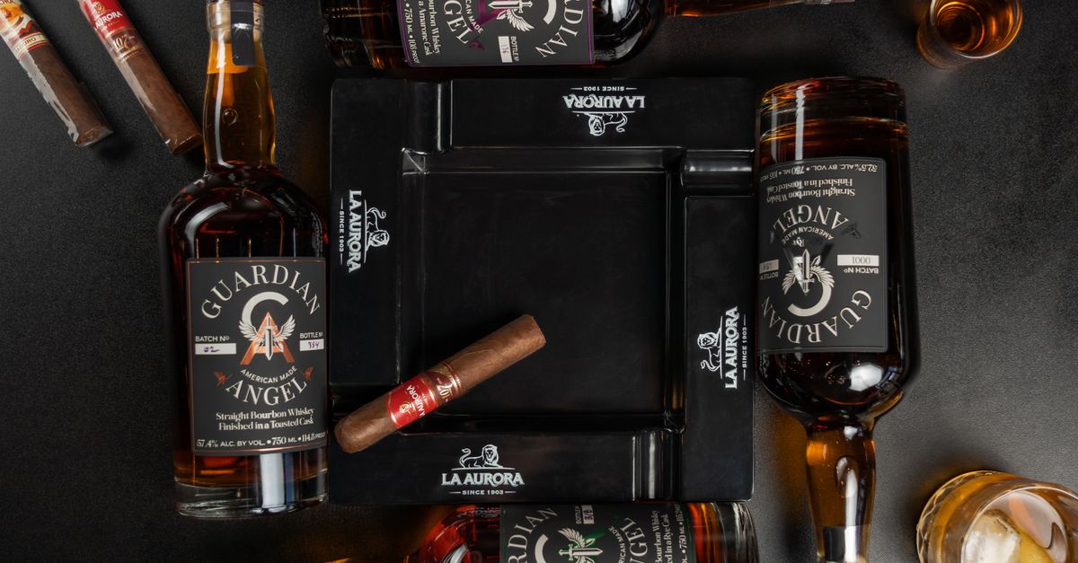 A captivating flat lay of Guardian Angel bourbon bottles and cigars in New Orleans bar ambiance.